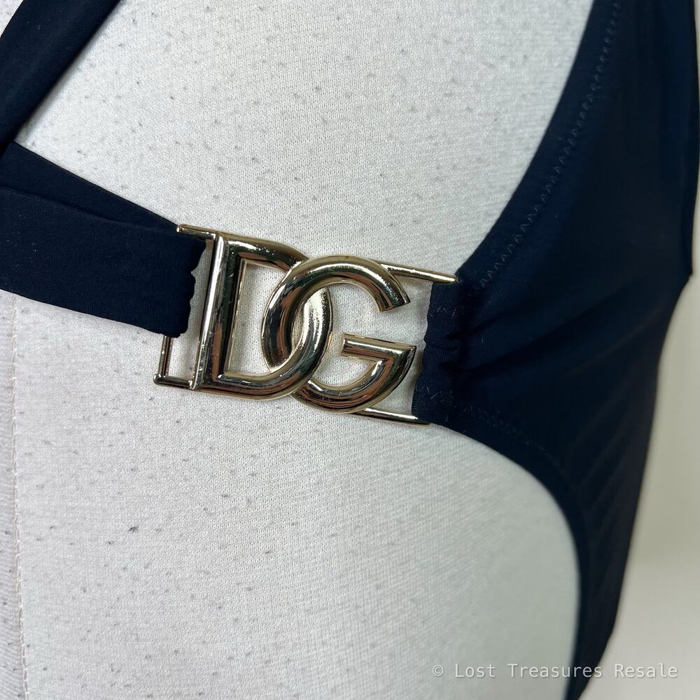 Dolce & Gabbana | Strappy Gold Logo Black Bandeau Designer One Piece Swimsuit M - Picture 6 of 13